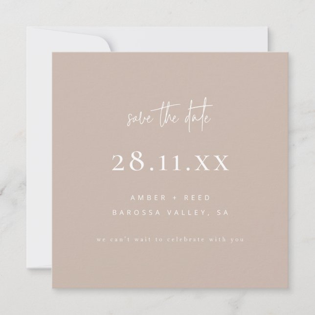Simple Minimalist Elegant Script Beige Square Save The Date (Front)