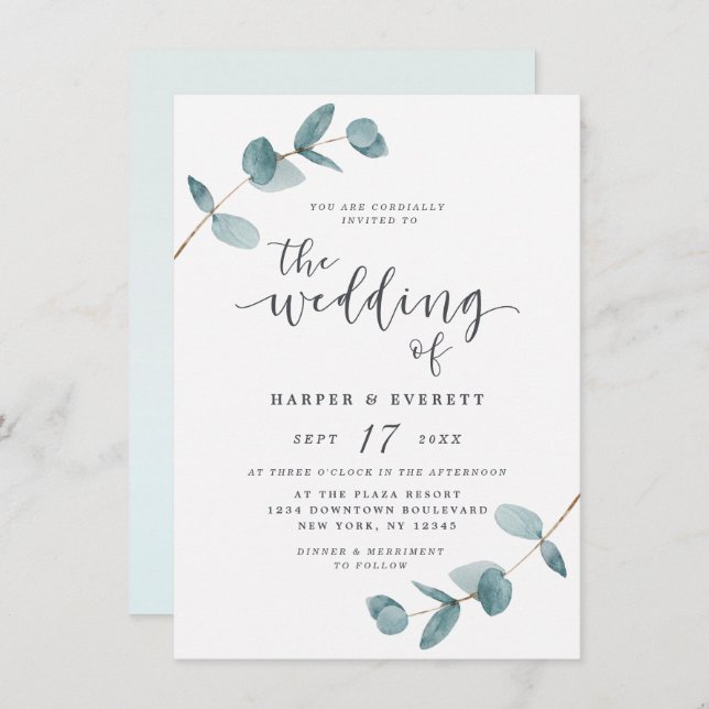 Simple Minimalist Eucalyptus Calligraphy Wedding Invitation (Front/Back)