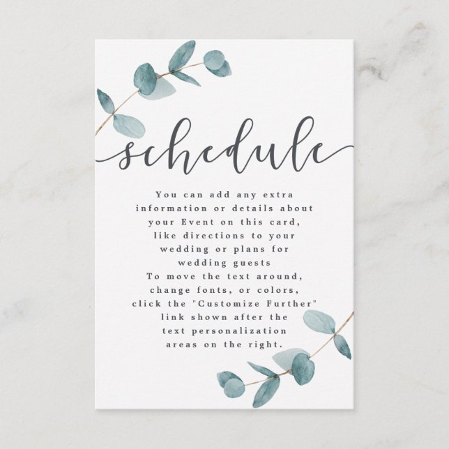 Simple Minimalist Eucalyptus Chic Wedding Schedule Enclosure Card (Front)