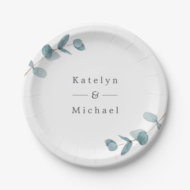 Simple Minimalist Eucalyptus Frame & Names Wedding Paper Plate (Front)