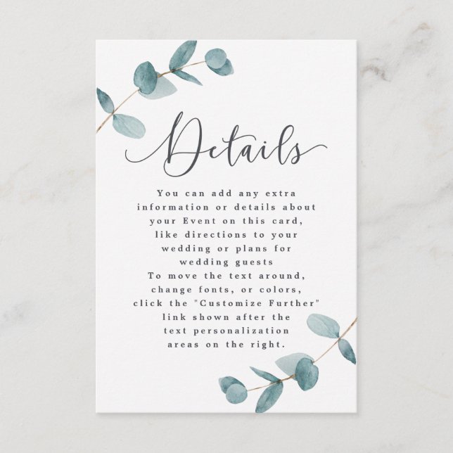 Simple Minimalist Eucalyptus Frame Wedding Details Enclosure Card (Front)