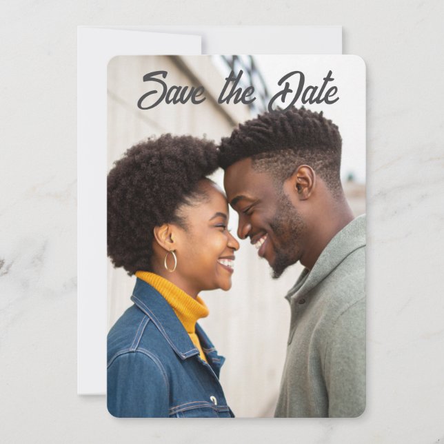 Simple Minimalist First Name Black Couple Photo Save The Date (Front)