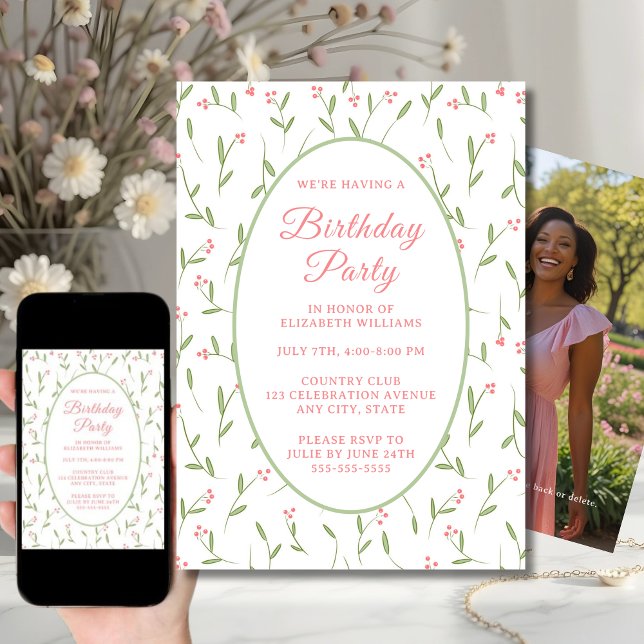 Simple Minimalist Floral Birthday Party Invitation (Creator Uploaded)