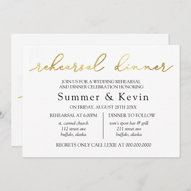 Simple Minimalist Gold Foil Rehearsal Dinner Invitation (Front/Back)