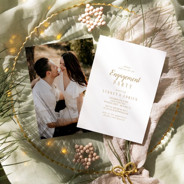 Simple Minimalist|Gold Photo Engagement Party Invitation (Creator Uploaded)