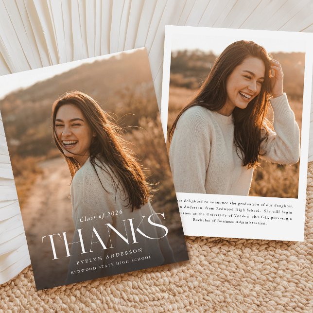 Simple Minimalist Grad 2 Photo Script Graduation Thank You Card (Creator Uploaded)