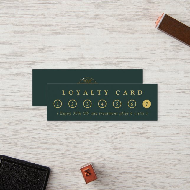 Simple Minimalist Green & Gold Business Logo Salon Loyalty Card (Front/Back In Situ)