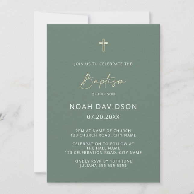 Simple Minimalist Green & Gold Cross Baptism Invitation (Front)