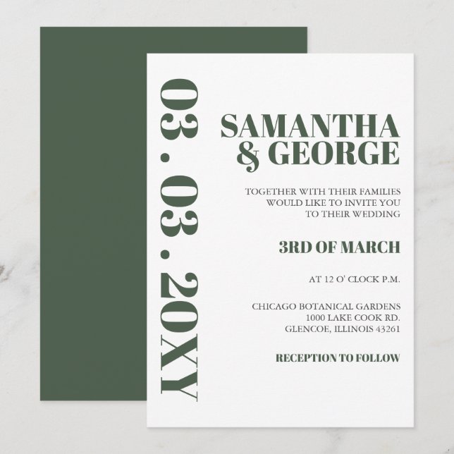Simple Minimalist Green Modern Wedding Invitation (Front/Back)