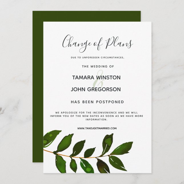 Simple Minimalist Greenery Postpone Wedding Invitation (Front/Back)