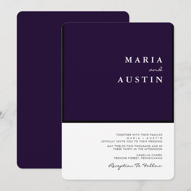 Simple Minimalist Half eggplant Half White Wedding Invitation (Front/Back)