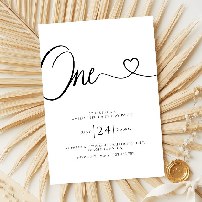 Simple Minimalist Heart Script 1st Birthday Invitation (Creator Uploaded)