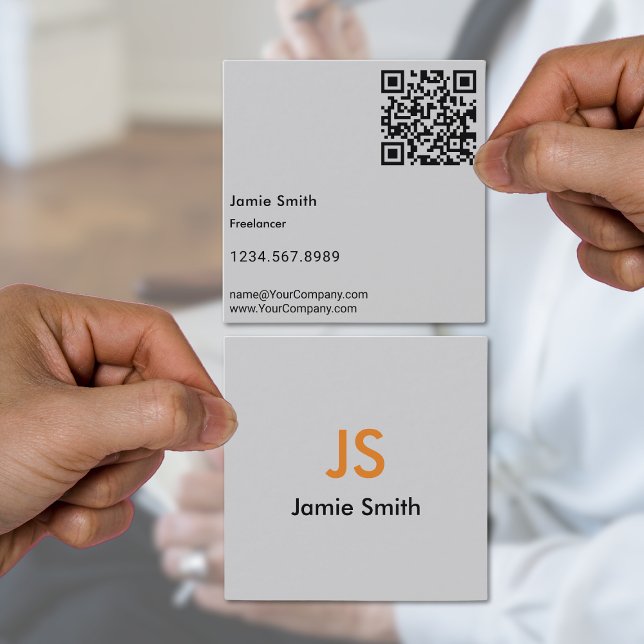 Simple Minimalist Initials Black, Orange & Grey Square Business Card (Simple Minimalist Initials Black, Orange & Gray Square Business Card)