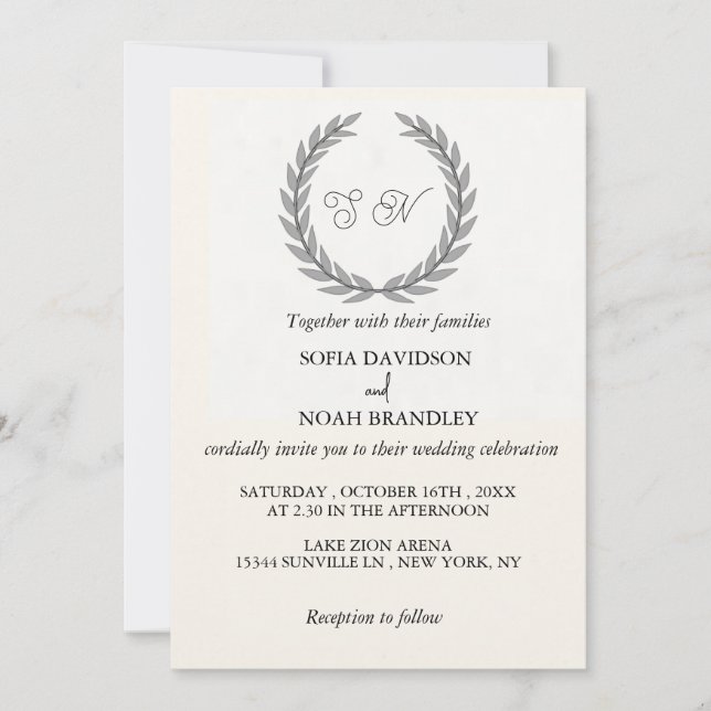  Simple Minimalist Ivory Laurel Wreath Wedding Invitation (Front)