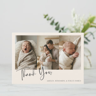 Simple Minimalist Ivory Multi Four Photo Baby Thank You Card