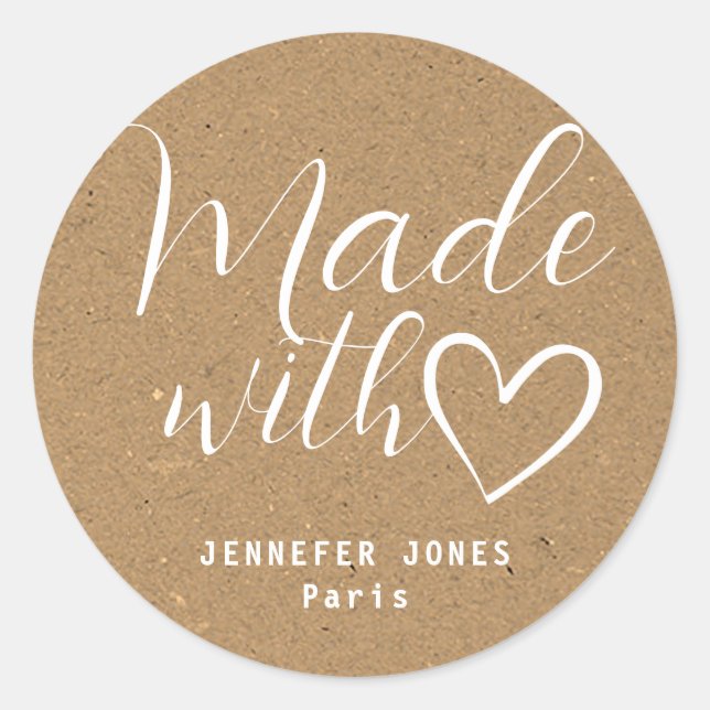 Simple Minimalist Kraft Paper Made With Love Heart Classic Round Sticker (Front)