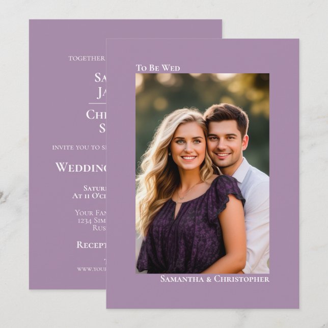 Simple Minimalist Lavender Vertical Photo Wedding Invitation (Front/Back)