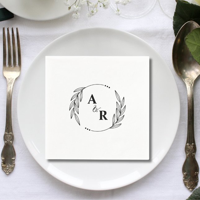 Simple Minimalist Leaf Couple Initials Wedding Napkin (Simple minimalist leaf couple initials wedding napkins add fresh natural elegance to receptions.)