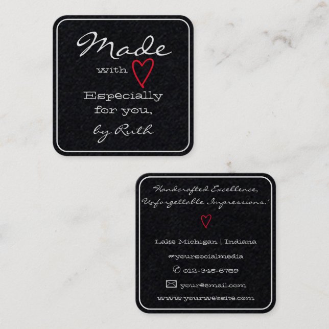 Simple Minimalist Made with Love Red Heart Black Square Business Card (Front/Back)