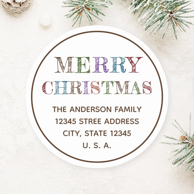 Simple Minimalist Merry Christmas Holiday Address Classic Round Sticker (Creator Uploaded)