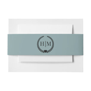Simple Minimalist Misty Sage Blue Monogram Invitation Belly Band