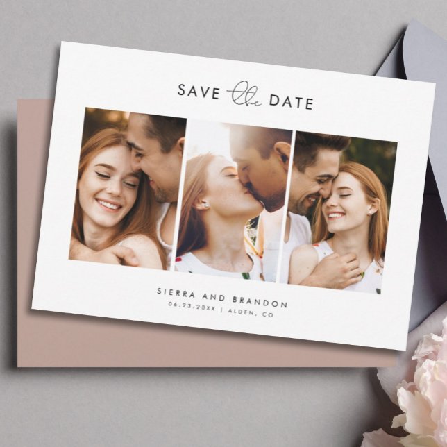 Simple Minimalist Modern 3 Photo Collage Script Save The Date (Creator Uploaded)
