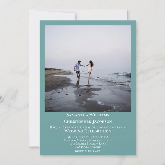 Simple Minimalist Modern Artsy Photo Teal Wedding Invitation (Front)