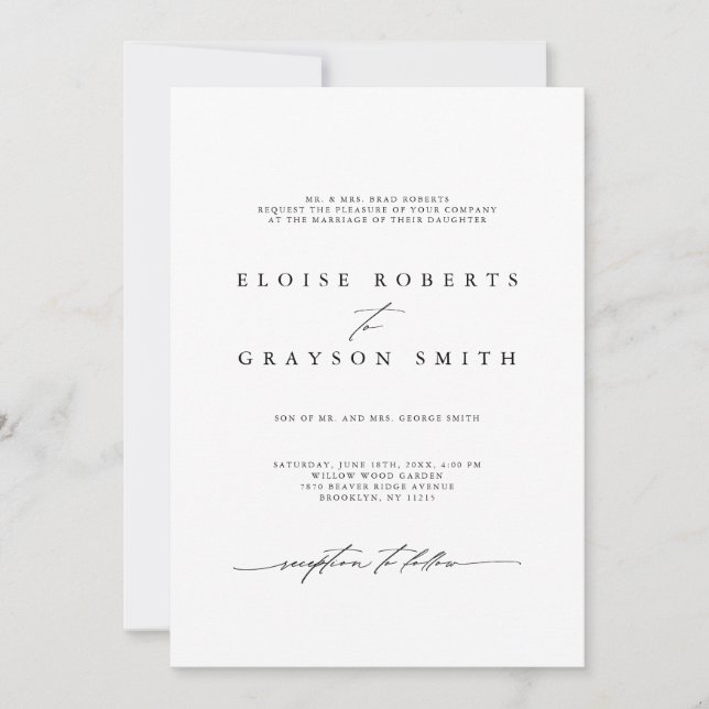 Simple Minimalist Modern Black and White Wedding  Invitation (Front)