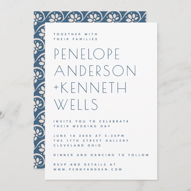 Simple Minimalist Modern Blue Floral Wedding Invitation (Front/Back)