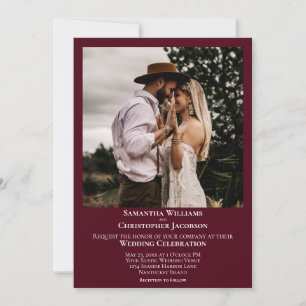 Simple Minimalist Modern Burgundy Photo Wedding Invitation