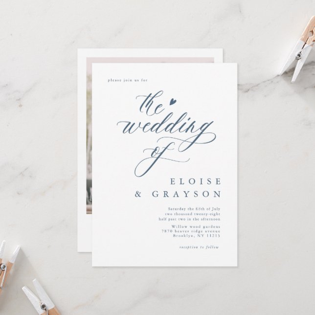 Simple Minimalist Modern Dusty Blue Detail Wedding Invitation (Front/Back In Situ)