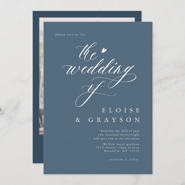 Simple Minimalist Modern Dusty Blue Detail Wedding Invitation (Front/Back)