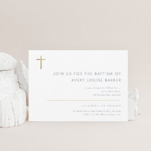 Simple Minimalist Modern Gold Cross Baptism Invitation