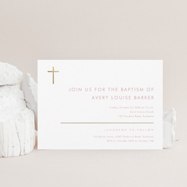 Simple Minimalist Modern Gold Cross Baptism Invitation (Creator Uploaded)