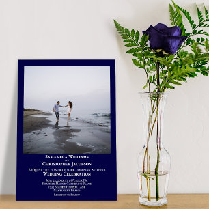 Simple Minimalist Modern Navy Blue Photo Wedding Invitation