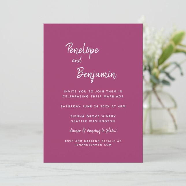 Simple Minimalist Modern Orchid Magenta Wedding  Invitation (Standing Front)