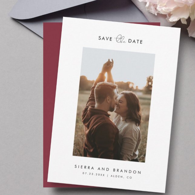 Simple Minimalist Modern Photo Script Burgundy Save The Date (Creator Uploaded)