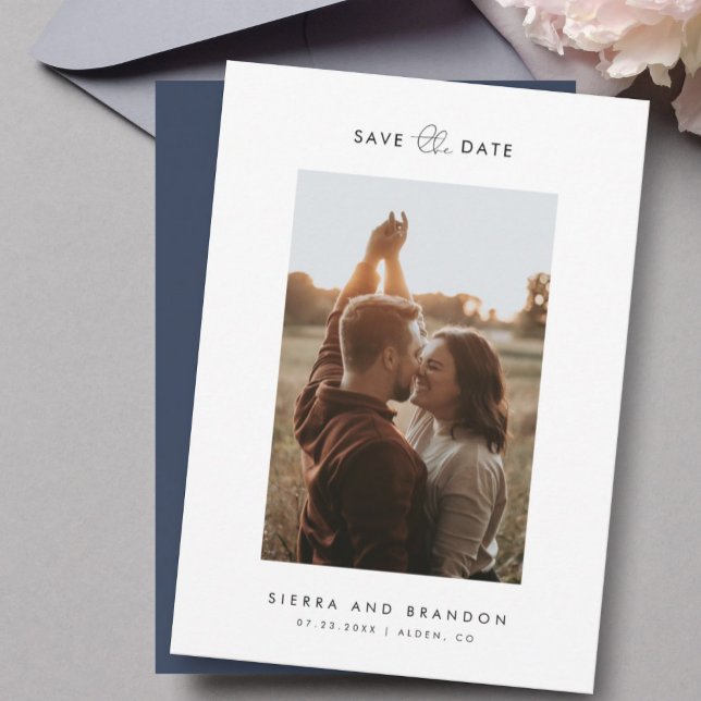 Simple Minimalist Modern Photo Script Navy Blue Save The Date (Creator Uploaded)