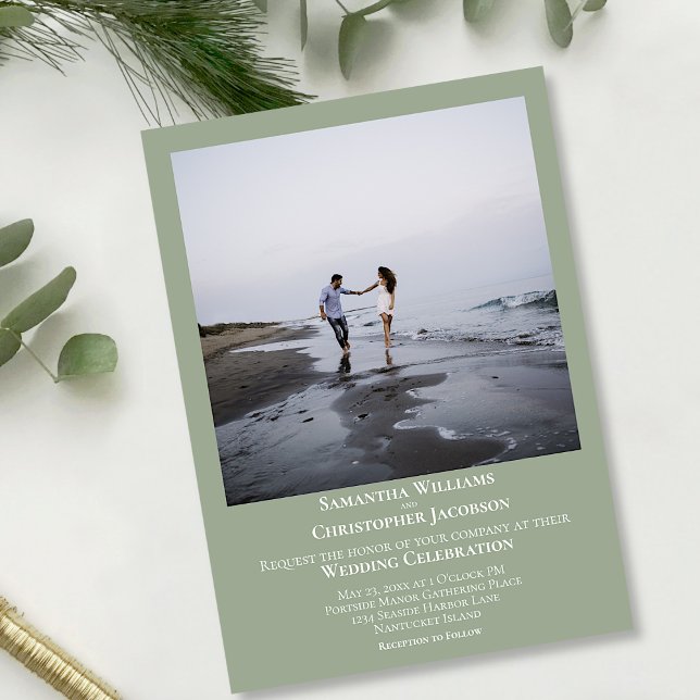 Simple Minimalist Modern Sage Green Photo Wedding Invitation (Creator Uploaded)