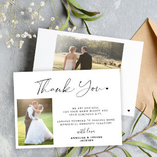 Simple minimalist modern script 2 photos wedding thank you card