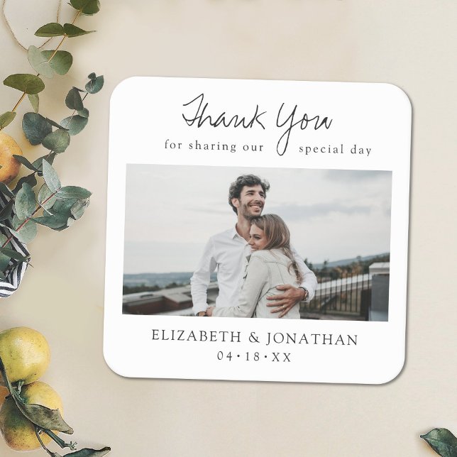 Simple Minimalist Modern Script Photo Wedding Square Paper Coaster (Creator Uploaded)