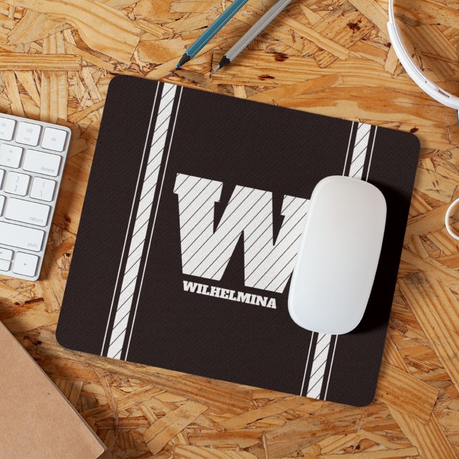Simple Minimalist Monogram Black & White Striped Mouse Pad (Creator Uploaded)