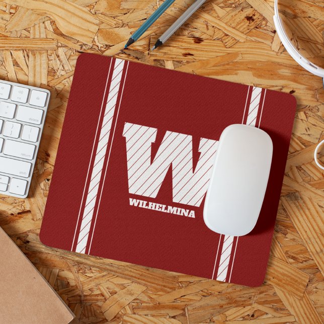 Simple Minimalist Monogram Maroon & White Striped Mouse Pad (Creator Uploaded)