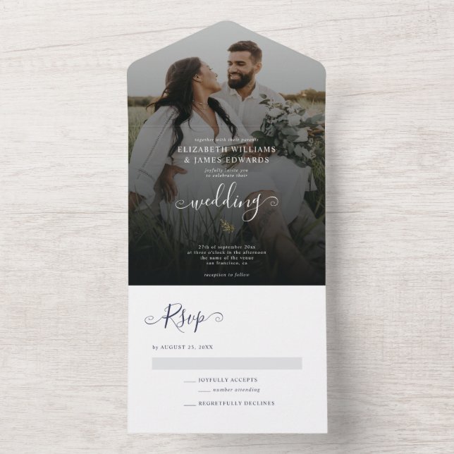 Simple Minimalist Navy Blue Bohemian Wedding All In One Invitation (Inside)