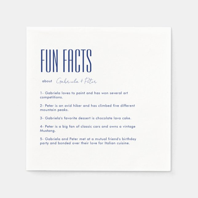 Simple Minimalist Navy Blue Fun Facts Wedding Napkin (Front)
