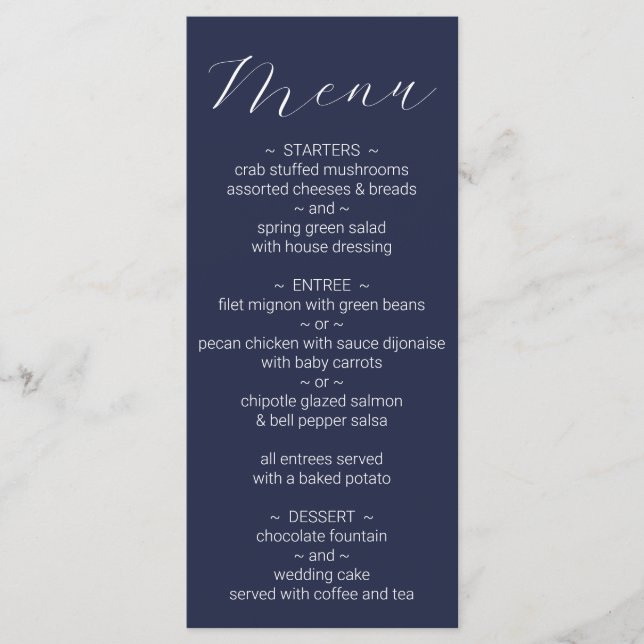 Simple Minimalist Navy Blue Wedding Menu (Front)