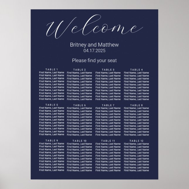 Simple Minimalist Navy Blue Wedding Seating Chart (Front)