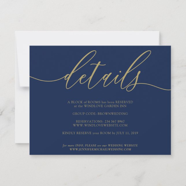 Simple Minimalist Navy Gold Wedding Details RSVP Card (Front)