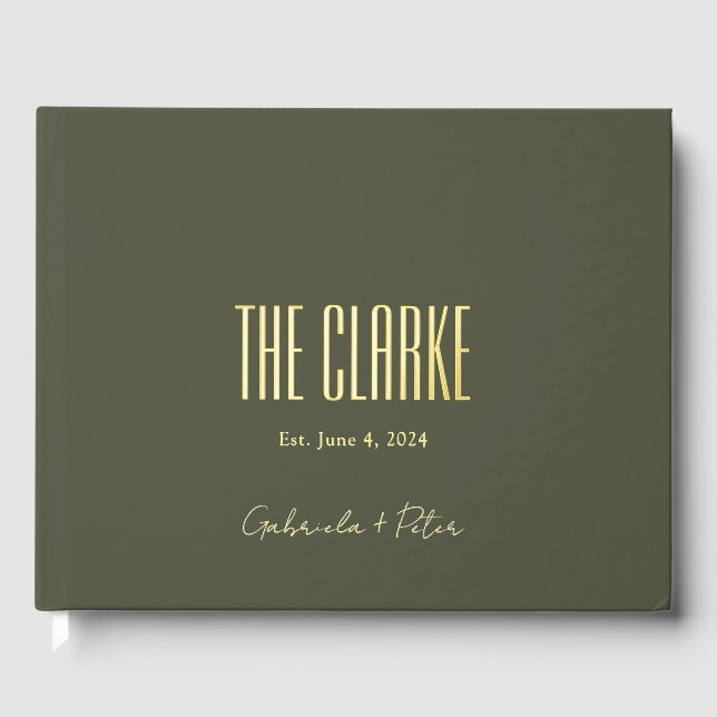 Simple Minimalist Olive Green & Gold Foil Wedding Guest Book (Front)