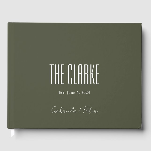 Simple Minimalist Olive Green Modern Wedding Guest Book (Front)